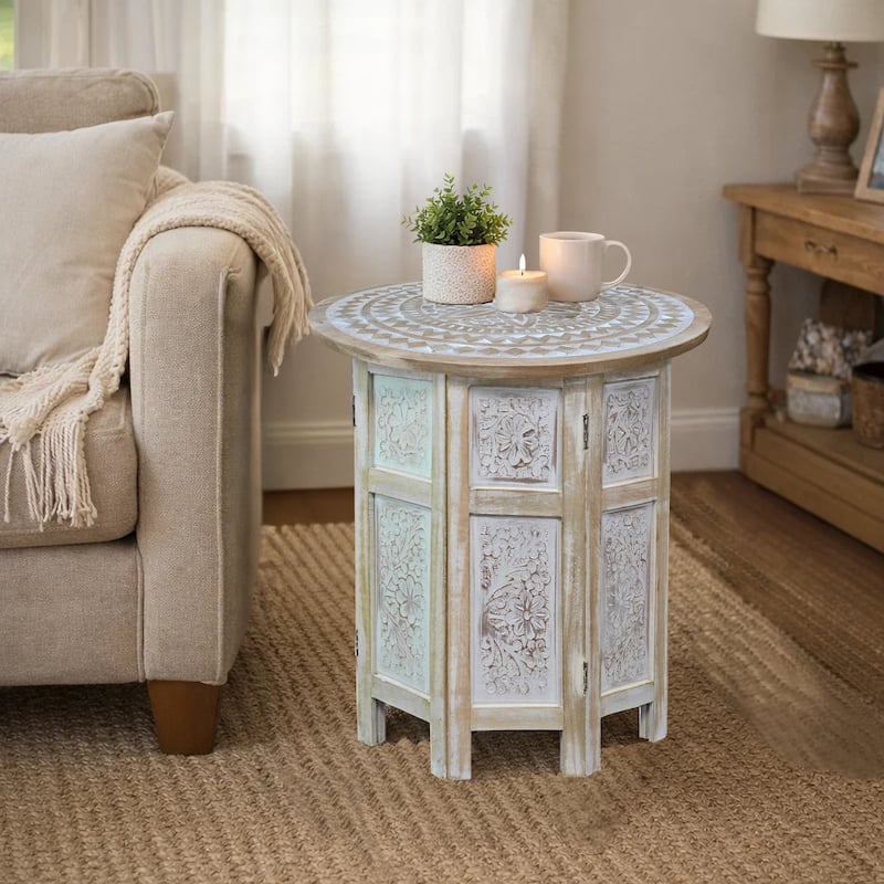 Accent Side Table, Mango Wood 18 Inch Round Top, Hand Carved Inlay Mandala Design, Washed White