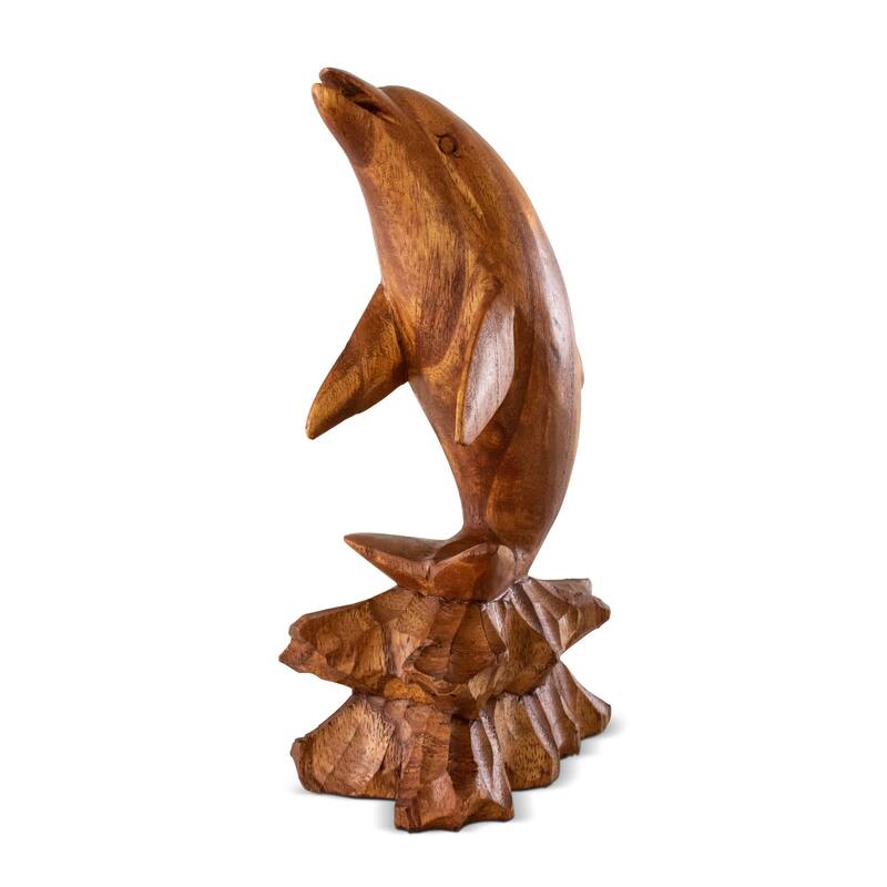 Wooden Hand Carved Dolphin on Coral Statue Sculpture Wood Decorative Home Decor Figurine Handcrafted Handmade Seaside Tropica