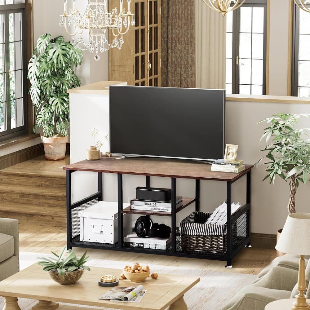 VECELO Industrial TV Stand for Televisions up to 80 Inch Brown and Gray Multiple Sizes for Living Room Entertainment Center