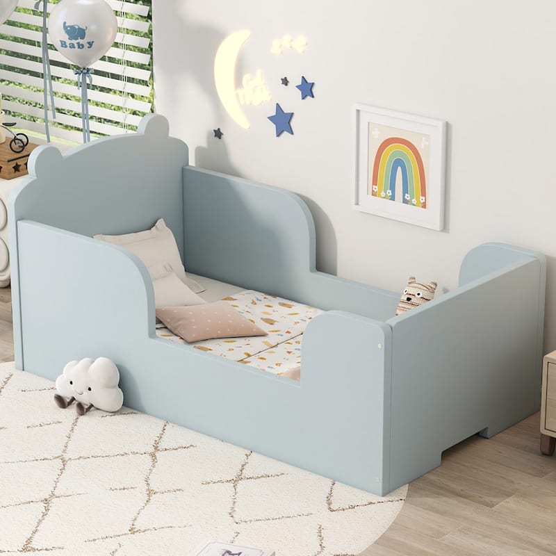 Toddler Floor Bed Frame, Cot Bed for Boys and Girls Ages 3-6, Bear Shape Toddler Bed, Blue - Baby Blue