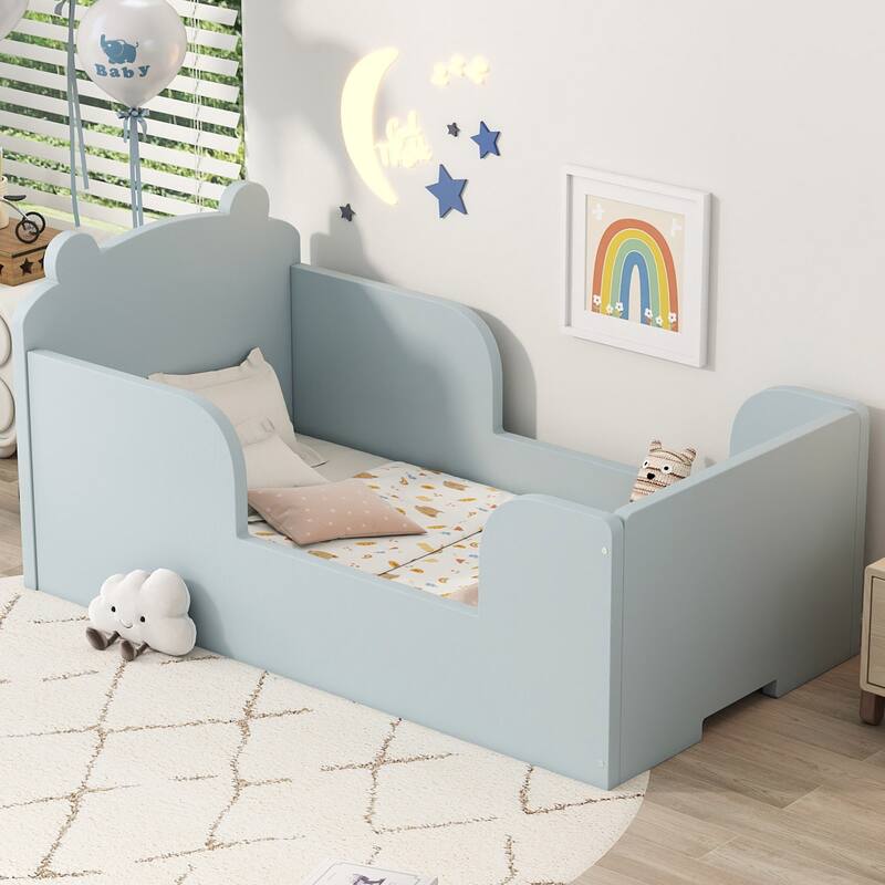 Twin Size Pine Wood Toddler Floor Panel Bed with Safety Rounded Corners