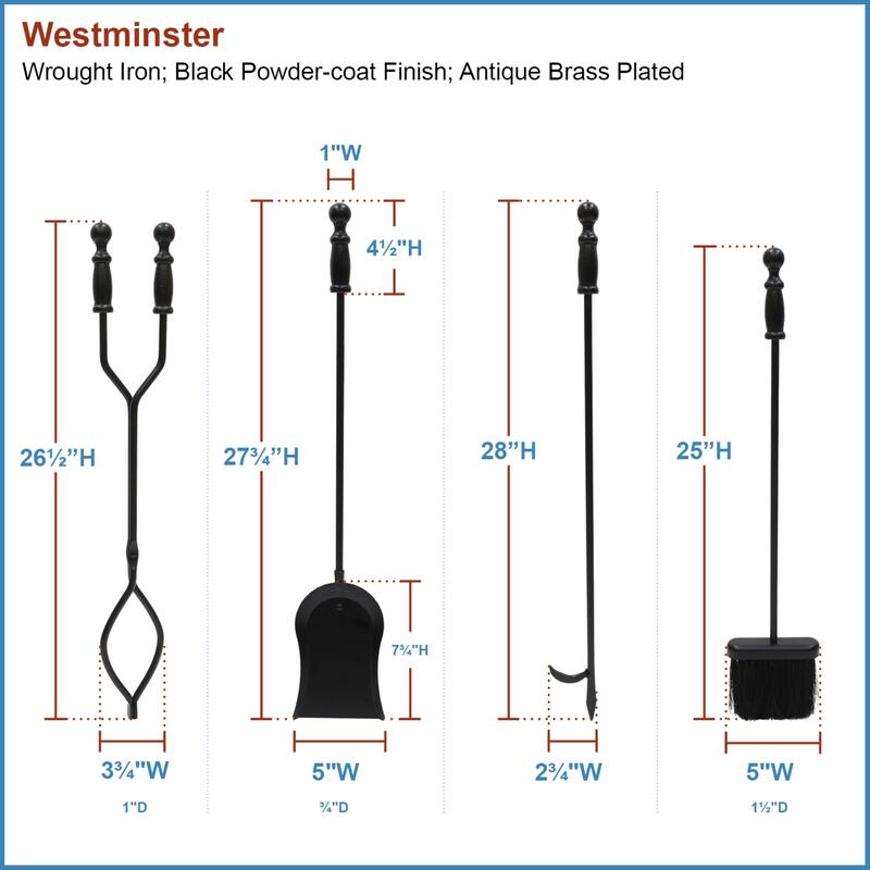 Achla Designs Westminster Fireplace Set of 4 Tools, 30 Inch Tall, Black