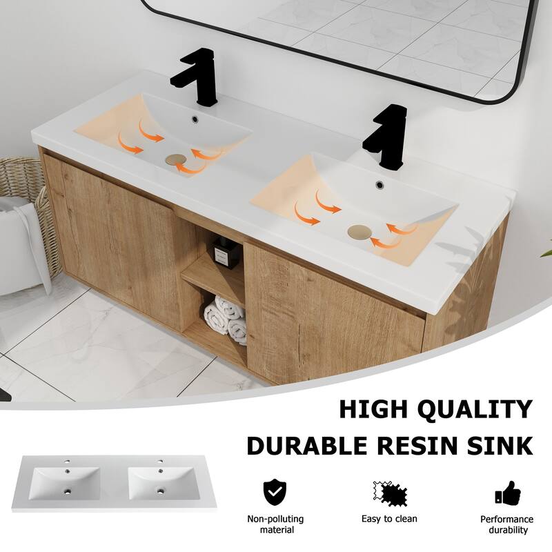 48 Inch Plywood Wall-Mounted Bathroom Vanity Set in Imitative Oak with Integrated Double Resin Sink