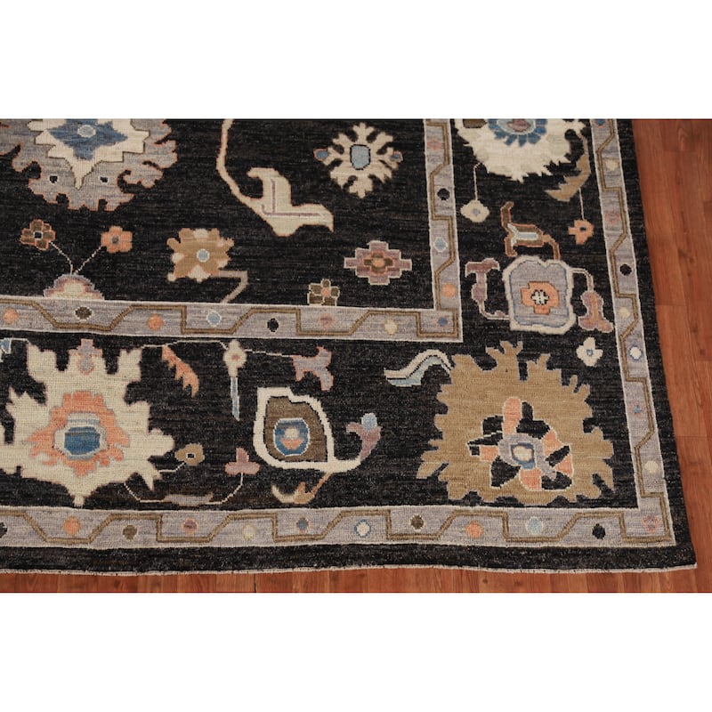 Hand Knotted Oriental 100% Wool Carpet Transitional All-Over Black Oushak Area Rug - 12' 5'' X 9' 0''