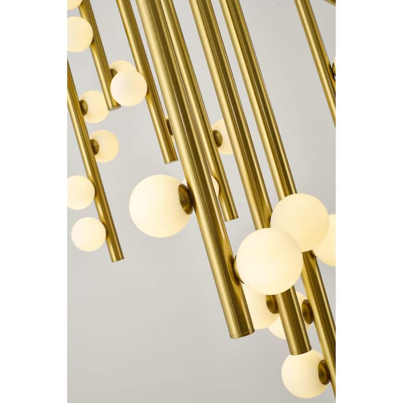 Transitional 44-Light Satin Brass Metal Chandelier With White Glass Ball Shades
