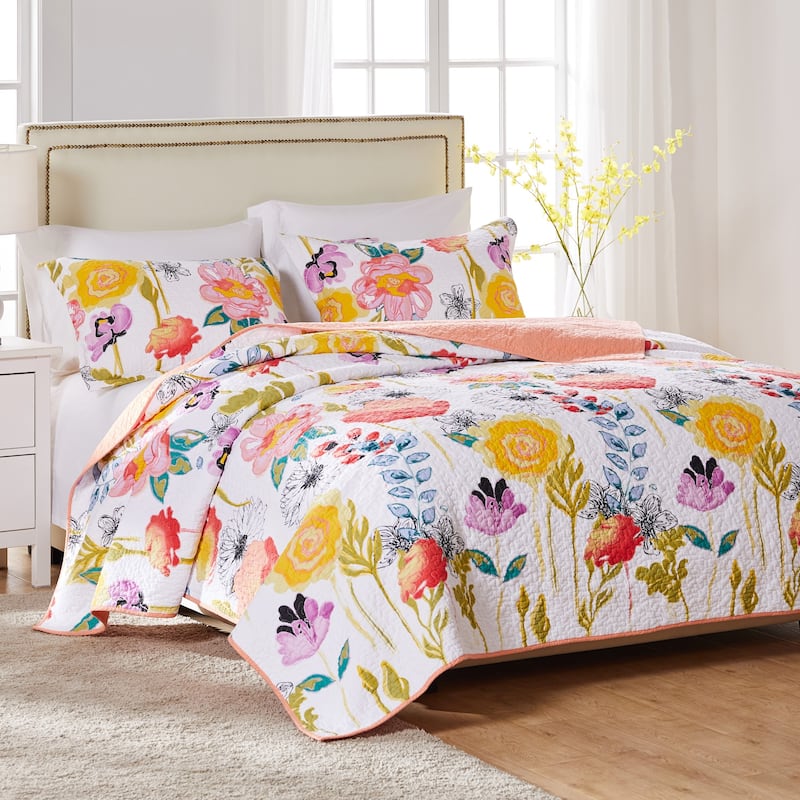 Greenland Home Fashions Watercolor Dream 100% Cotton Modern Floral Quilt Set - White 3-Piece - Queen