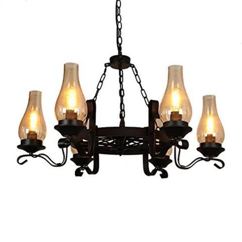 Vintage industrial black wagon wheel chandelier with chemney glass shade