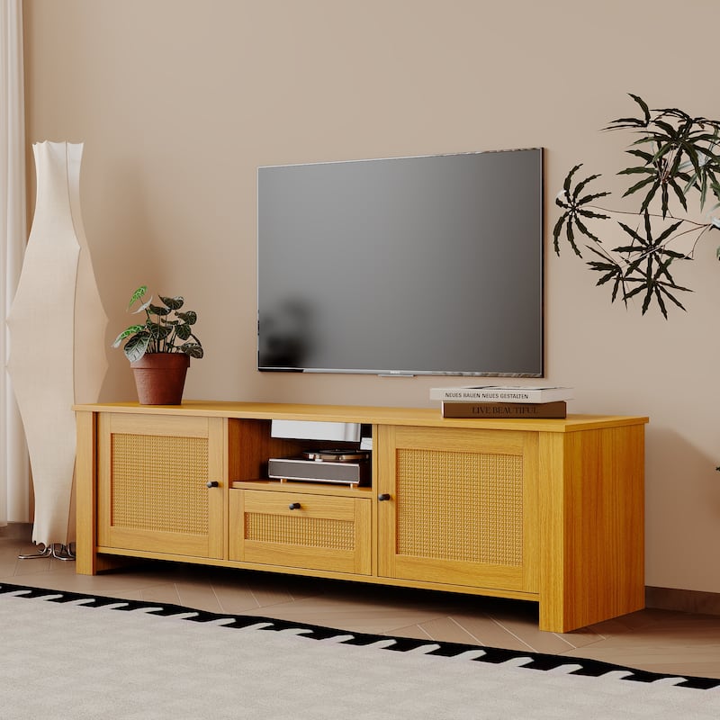 Mid-Century Modern Solid Wood TV Stand for 65" TVs with 2 Open Cubbies and 3 Drawers, Walnut - Walnut