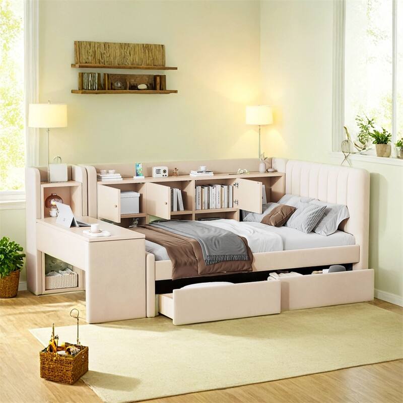 Twin Size Upholstered Daybed with Drawers,Flip Cabinets & Side Table