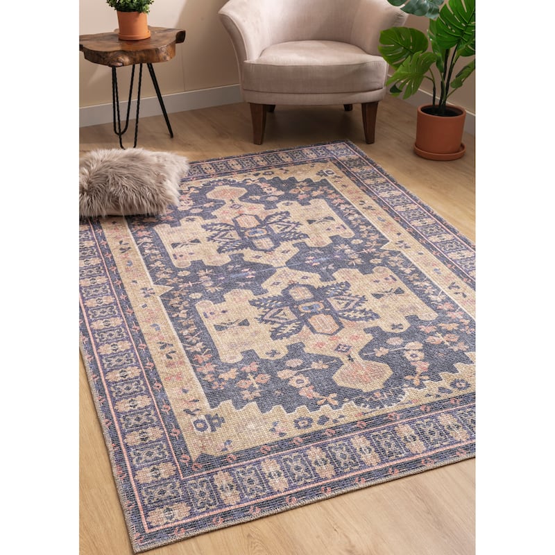Traditional Transitional Oriental Medallion Border Distressed Textured Cut and Loop Pile Rectangle Area Rug - 7.6x10