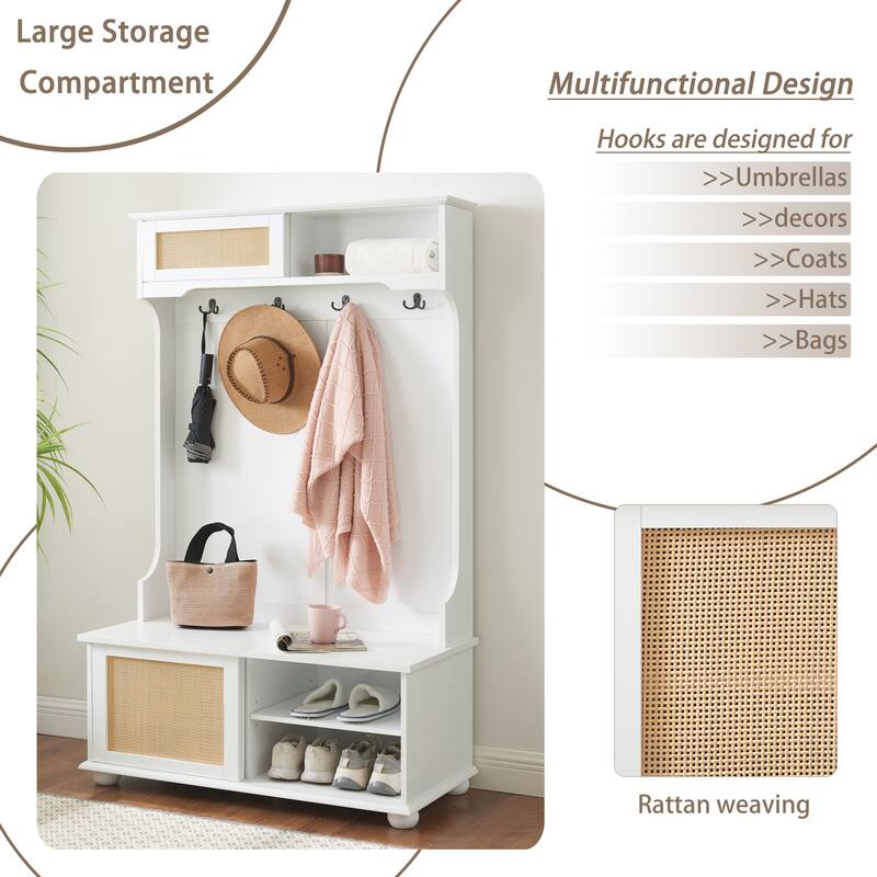 Casual Style Hall Tree Entryway Bench with Rattan Door Shelves and Shoe Cabinets, SOLID WOOD Feet