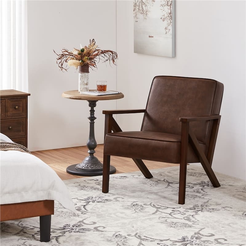 Yaheetech Faux Leather Accent Chair with Wood Legs for Living Room - Dark Brown