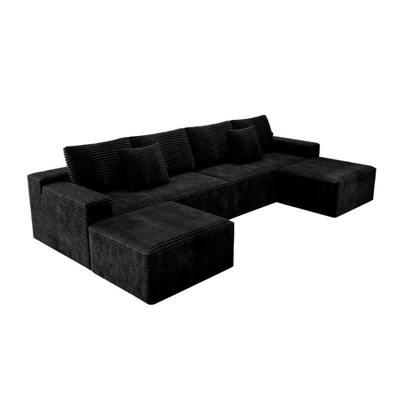 137.8" Corduroy Upholstered Free Combination Modular Sectional Sofa with Ottomans
