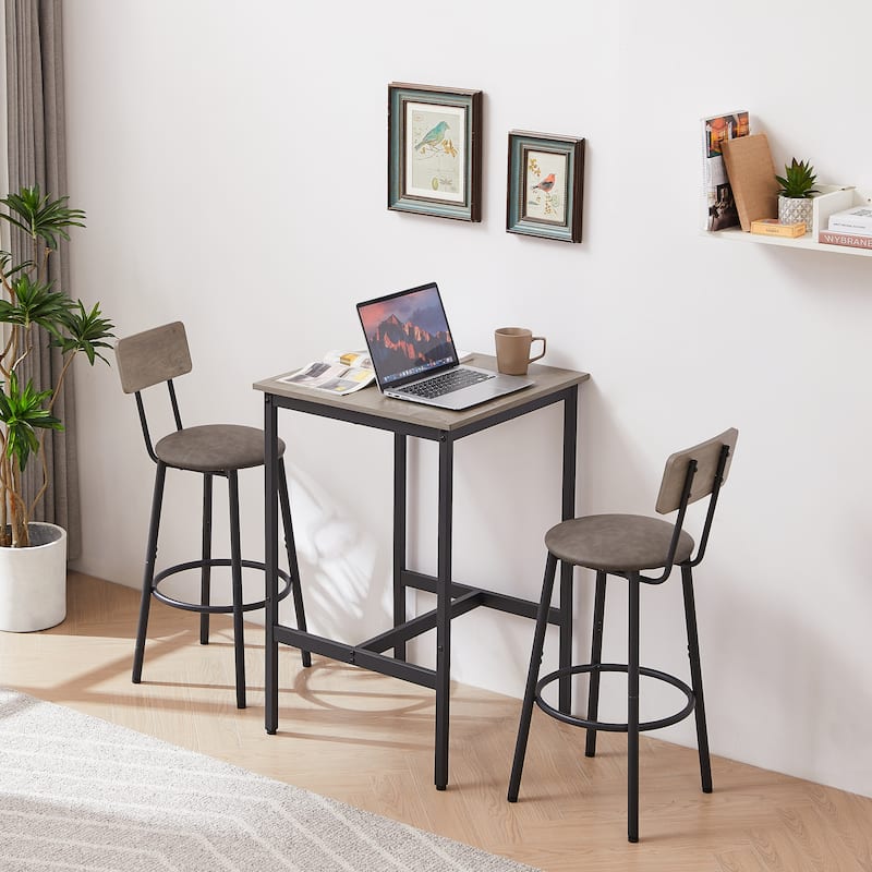 Industrial-Style 3-Piece Bar Table Set with Upholstered Stools, Rustic Woodgrain Tabletop, and Space-Saving Design - Grey