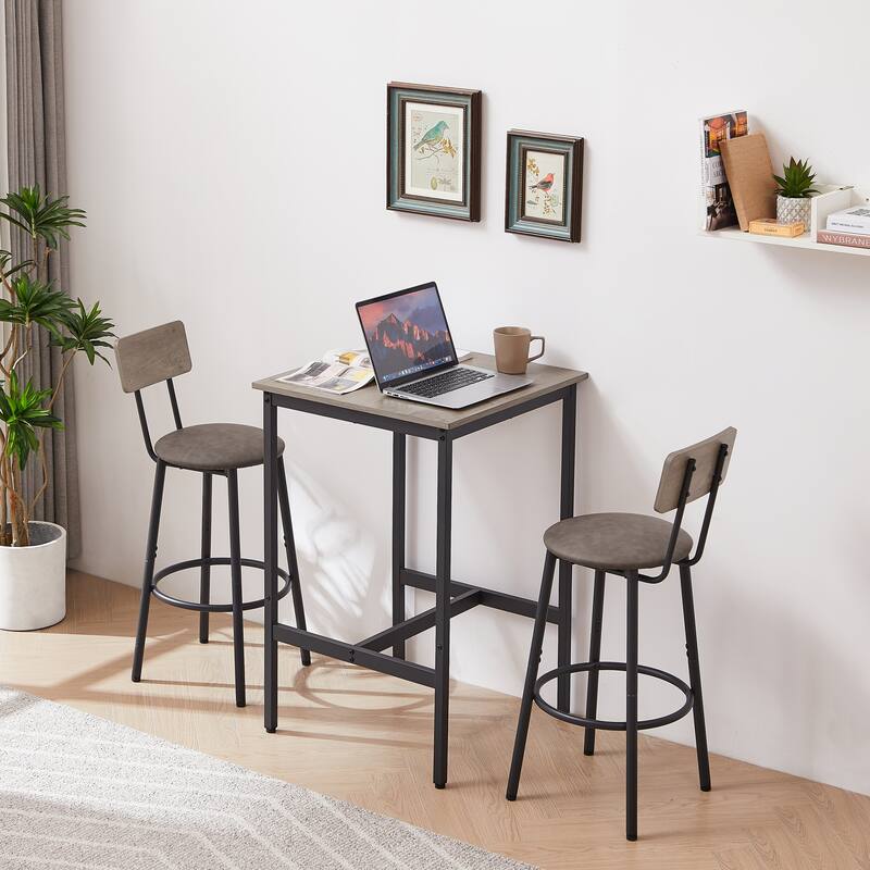 Minimalist Style 3-Piece Dining Table Set with 2 Bar Stools with Backrest,Grey