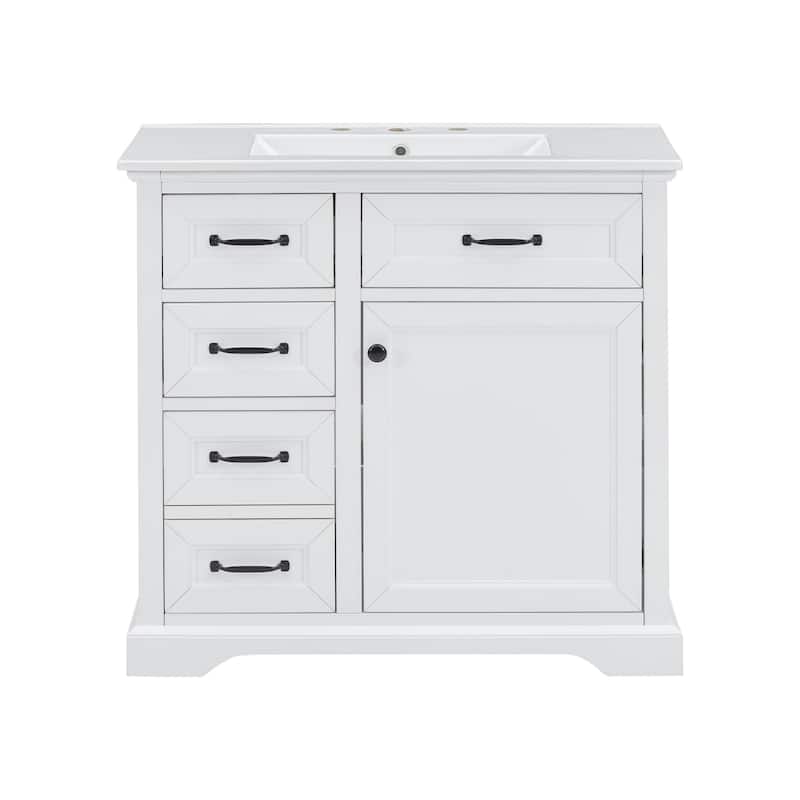 36 Inch Bathroom Vanity Ceramic Sink 4 Drawers Soft Close Door Metal Handles 8 Inch Faucet White