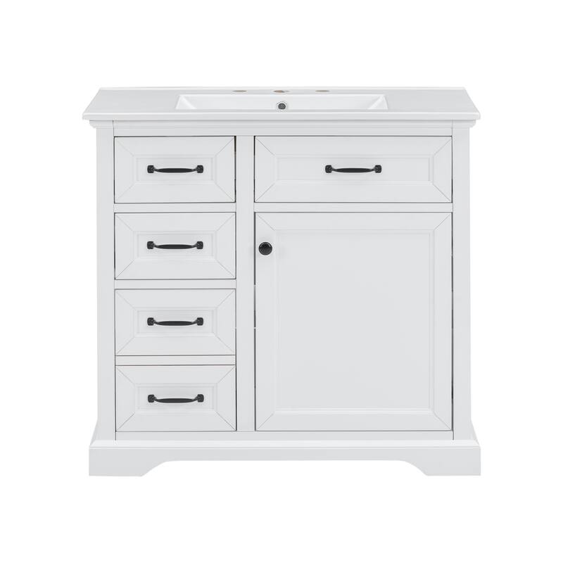 36-Inch Bathroom Vanity with Ceramic Sink Top, 4 Drawers and 1 Soft-Close Door, Freestanding Storage Cabinet with Metal Handles
