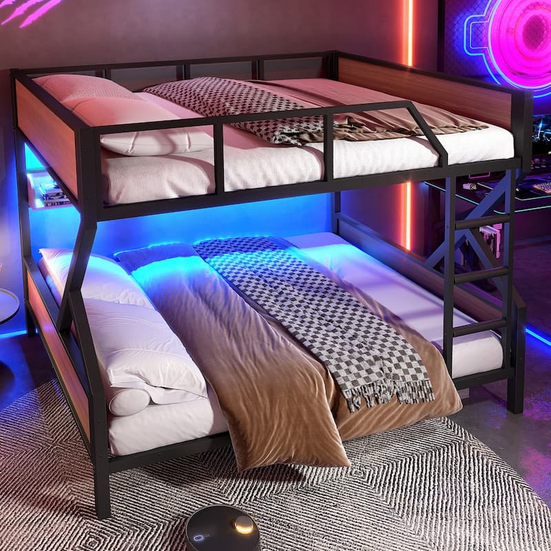 Full over Full Bunk Bed, Metal Bunk Bed with Storage Shelves and Lights, Space-saving & Noise-free Design, Black
