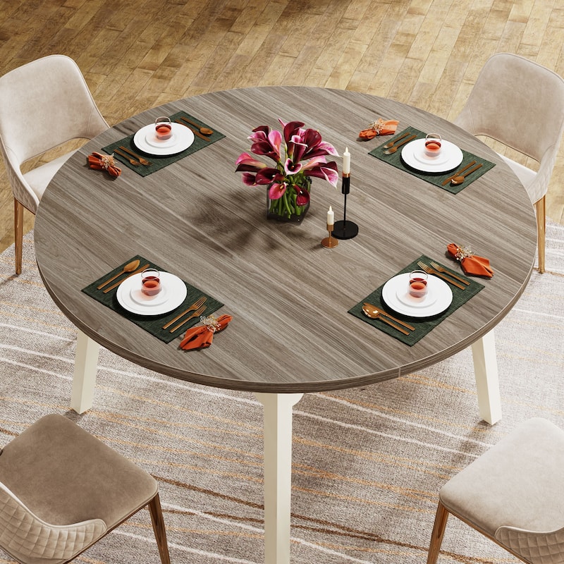 47 Inch Round Dining Table for 4, Farmhouse Kitchen Table - Brown and White
