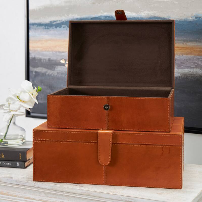 Brown Leather Storage Box with Snap Front Closure and Detailed Stitching (Set of 2) - 10", 8"W