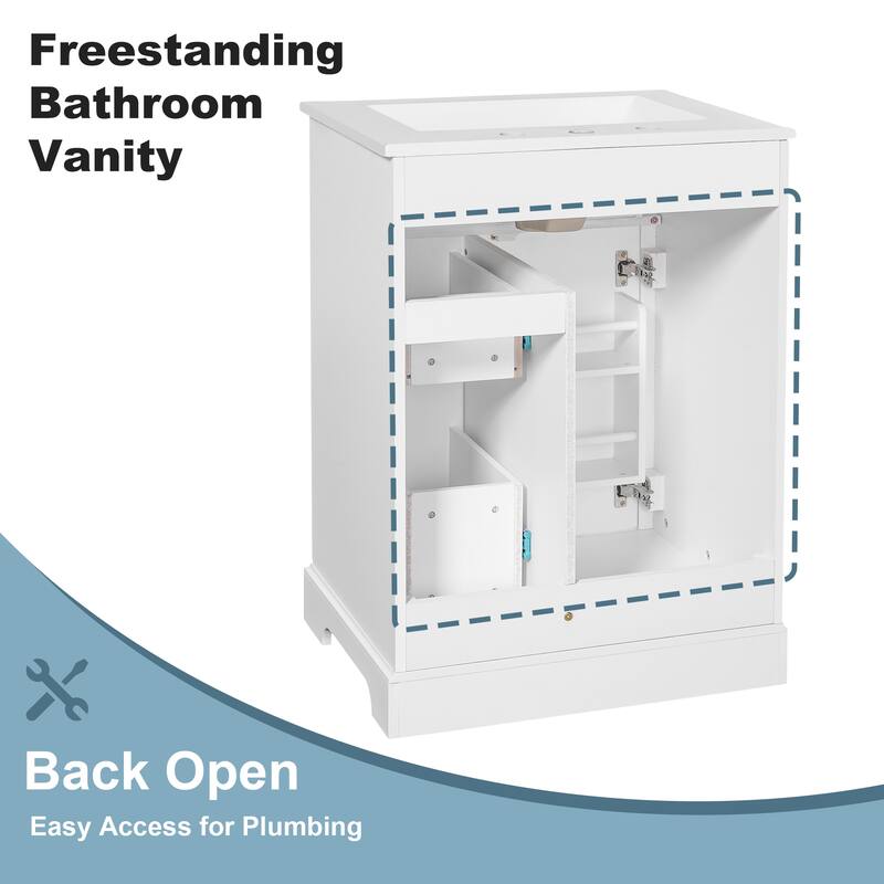 24" Bathroom Vanity with Sink, MDF & Pinewood Construction, 3 Drawers & Cabinet with 2-Tier Door Storage Rack, Soft-Close
