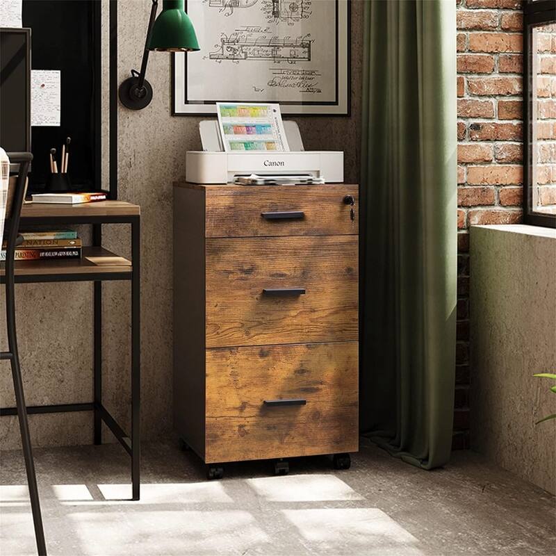 3 Drawer Rolling File Cabinet with Lock - 16"D x 15.7"W x 30.7"H - Brown