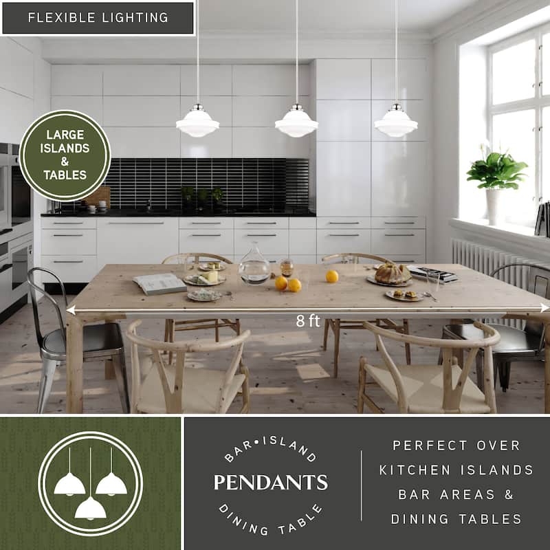 Huntley Satin Nickel Farmhouse Milk Glass Schoolhouse Pendant Light - 12-in W x 14.75-in H x 12-in D