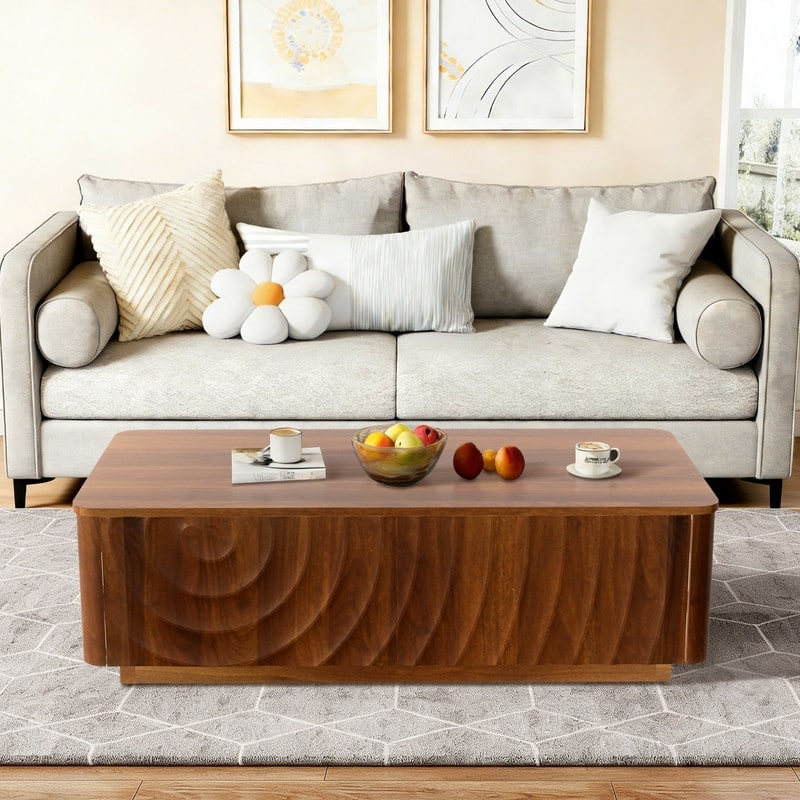 Mid Century 47" Rectangle Coffee Table with Unique Wave Texture and Safe Rounded Corner Design for Living Room - Walnut