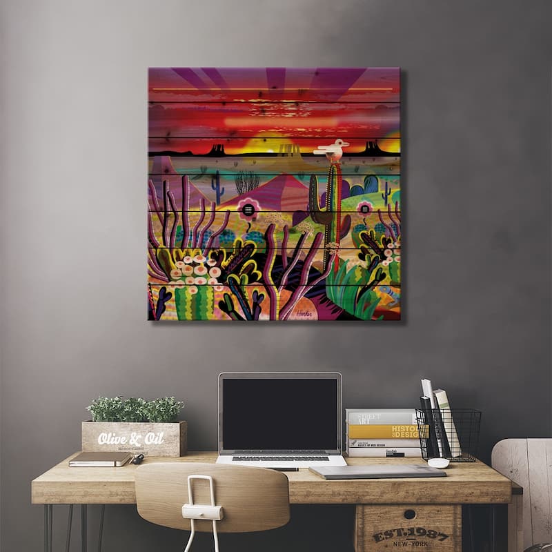 Sunrise Desert Garden Print On Wood by Charles Harker - Multi-Color