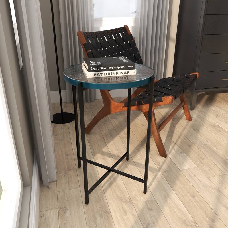 Gold or Black Metal X-Shaped Side End Accent Table with Textured Glass Tabletop