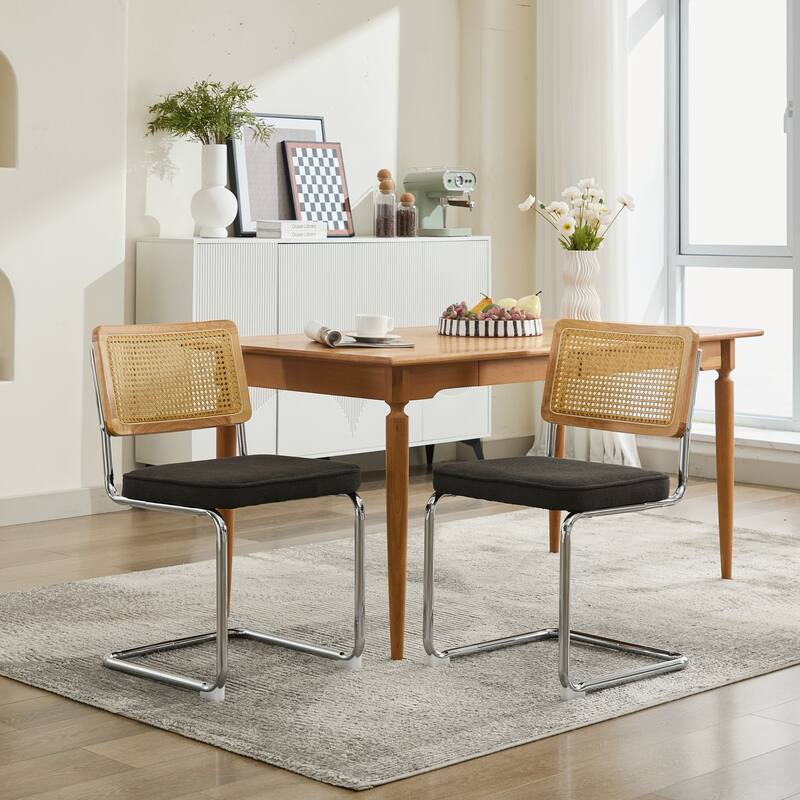 GDF Studio - Mid-Century Linen Dining Chairs with Natural Rattan Cane Back & Chrome Cantilever Base, Set of 2