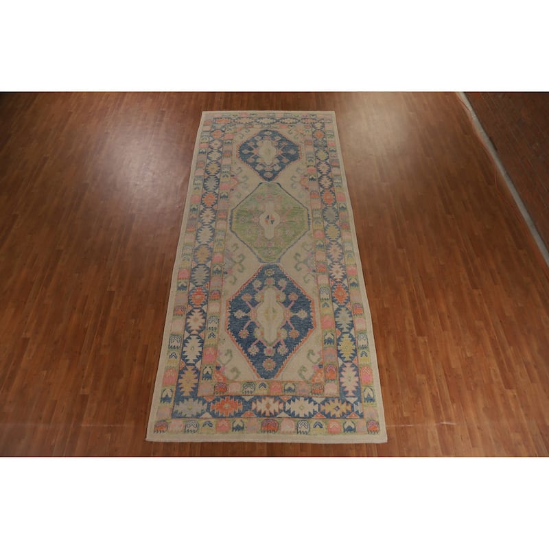 Hand Knotted Oriental 100% Wool Carpet Transitional All-Over Beige & Ivories Oushak Area Rug - 14' 2'' X 6' 1''