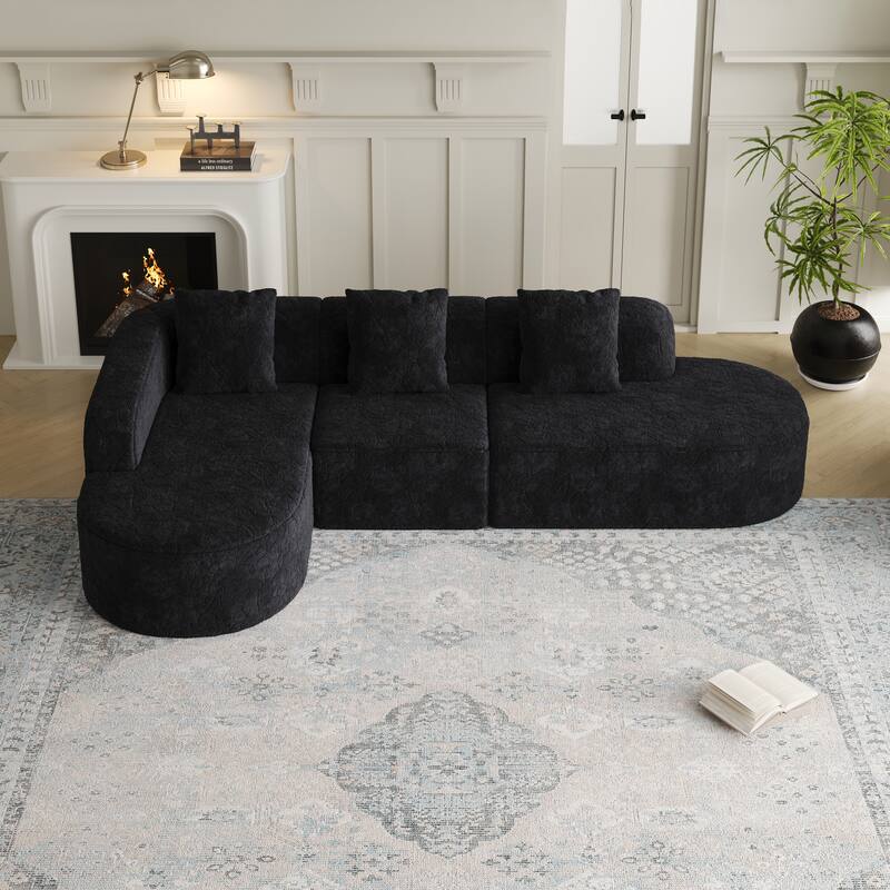 Curved Modular Sofa with Chaise Lounge, Full Compression Upholstered Boneless Sofa, Corner 3 Seater Sofa with 3 Pillows