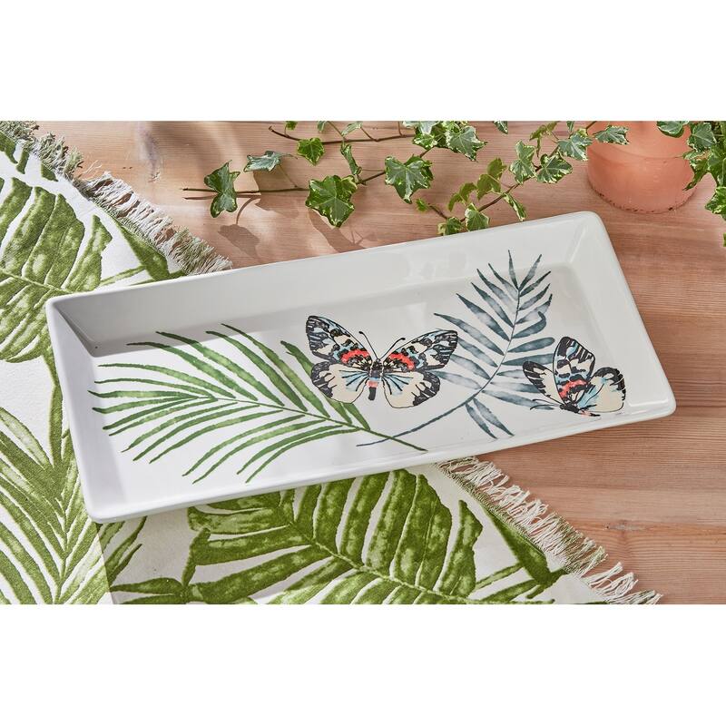 Palm and Butterfly Multicolor Ceramic Serving Platter 18 x 8.75 x 1.5 in Dishwasher Safe Perfect for Summer Gatherings