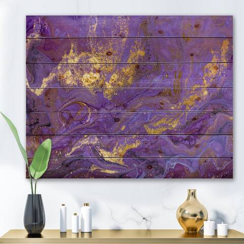Designart 'Gold And Purple Marbled Rippled Texture I' Modern Print on Natural Pine Wood