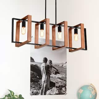 LunaDrift 4-Light Farmhouse Kitchen Island Pendant, 36" Rustic Wood and Matte Black Hanging Linear Chandelier for Dining Room