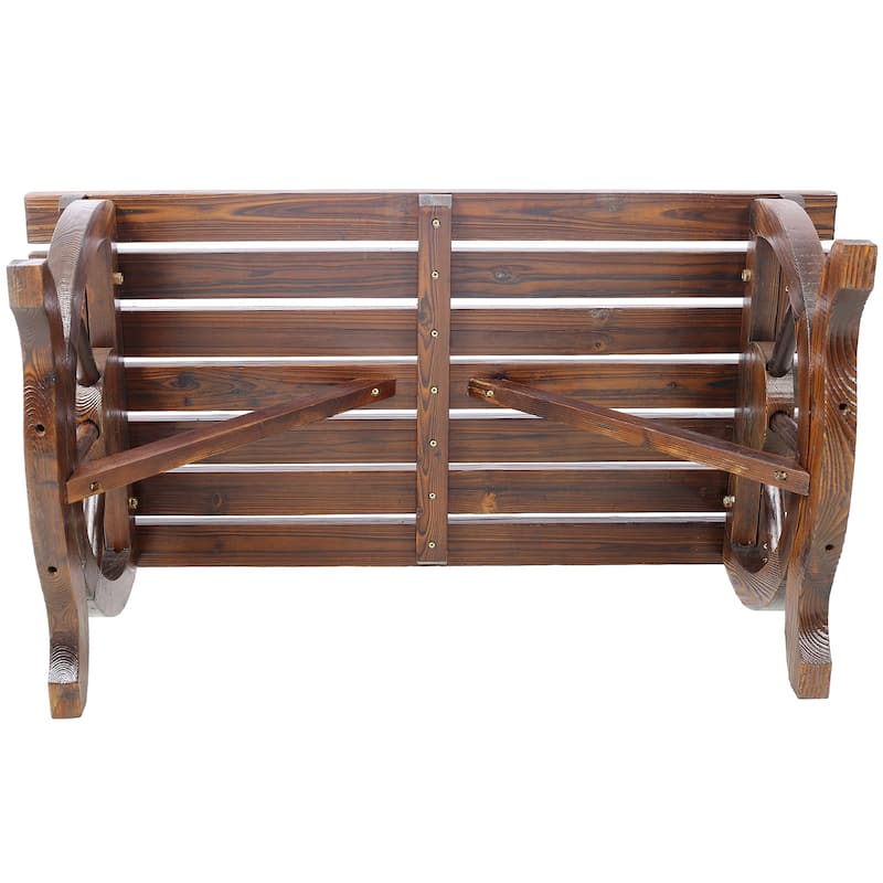 Rustic Wooden Bench with Wagon Wheels, 2-Seater Garden Patio Furniture