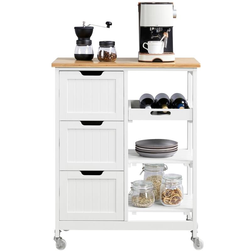 Yaheetech Rolling Kitchen Island with 3 Open Shelves and 3 Drawers