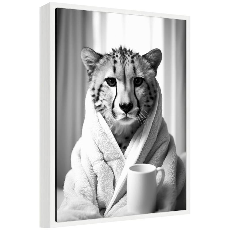 Kate and Laurel Sylvie Cheetah Bathroom Art Towel Robe Black and White Framed Canvas by The Creative Bunch Studio - 18x24 - White