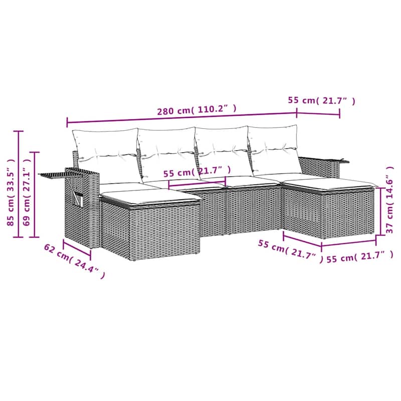 vidaXL 6 Piece Patio Sofa Set with Cushions Grey Poly Rattan - 21.7 x 24.4 x 27.2