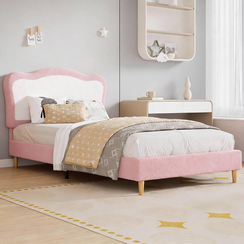 Upholstered Bed Frame, with Headboard & Footboard - Pink+white - Twin