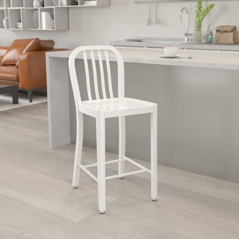 24'' High Metal Indoor-Outdoor Counter Height Stool with Vertical Slat Back - White