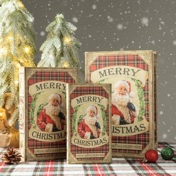 Glitzhome Set of 3 Christmas Assorted Santa's Book Storage Boxes Bed