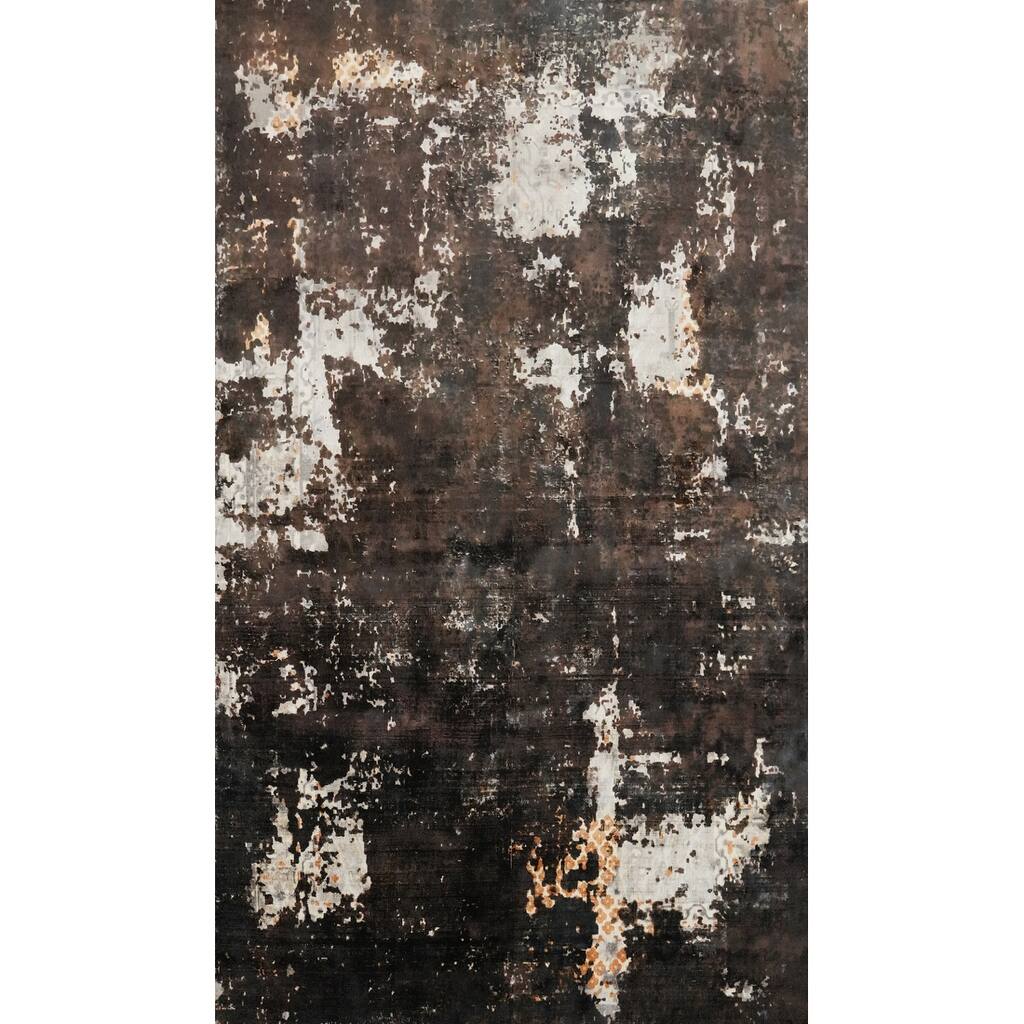Hand Knotted Oriental Viscose Silk Carpet Modern All-Over Brown Abstract Area Rug - 7' 11'' X 4' 10''