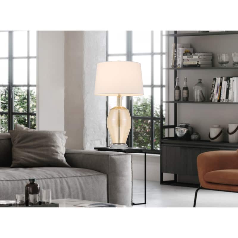 Nickel Metal Table Lamp with White Drum Shade and 3 Way Dimmable Switch - 16” x 16” x 28.5” (D x W x H)