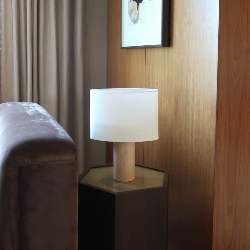 Brightech Mia 15.55 in. Polished Natural Wood Midcentury LED Standing Bedside Desk Table Lamp with Beige Cotton Drum Shade