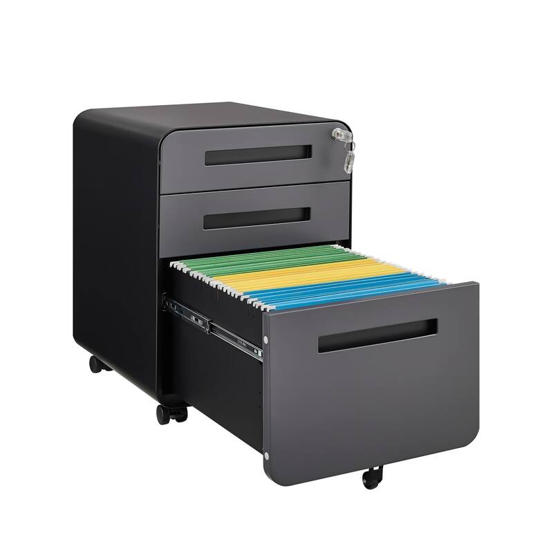 Rounded 3 Drawer Mobile Filing Cabinet, 5-Wheel Design Anti Tilt Cold-Rolled Steel, With Pencil Storage Box