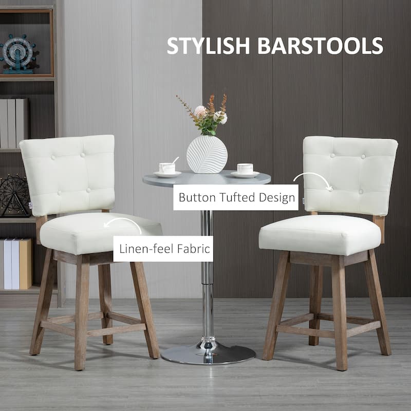 HOMCOM Swivel Bar Stools Set of 2, Fabric Tufted Counter Height Bar Stools with Rubber Wood Legs and Footrest for Dining Room
