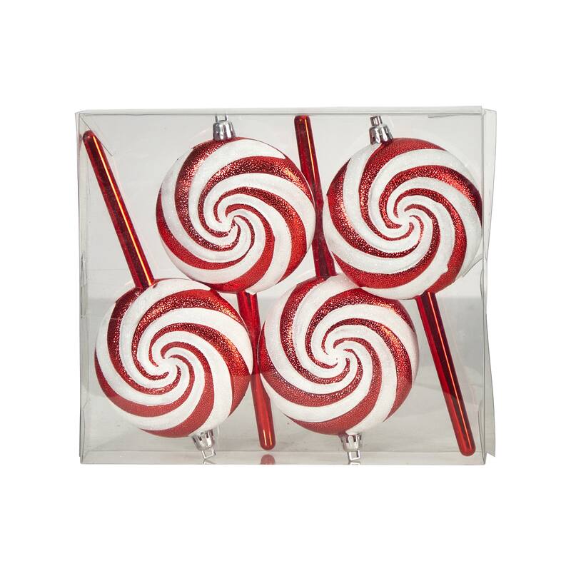 4ct White and Red Shatterproof 2-Finish Christmas Candy Ornaments 7"