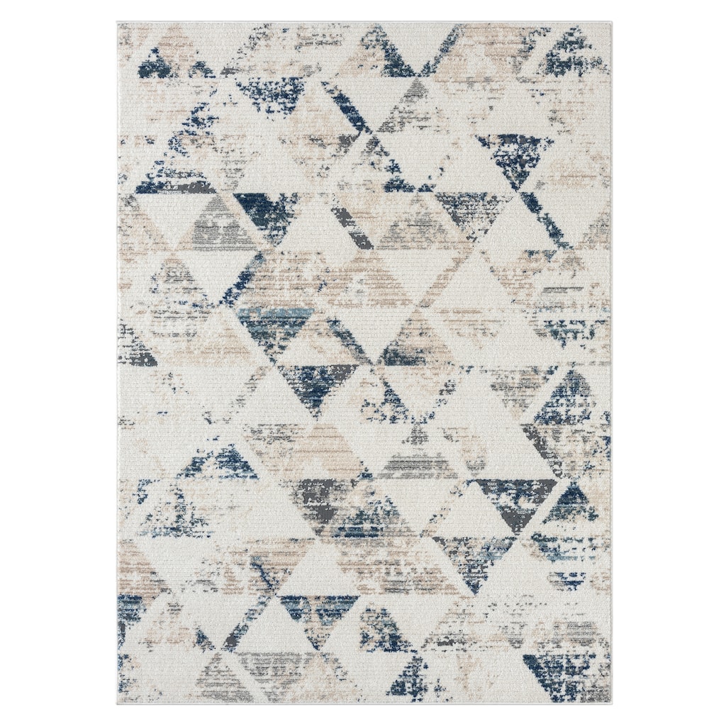 Sevita Contemporary Geometric High-Low Plush Polyester Blend Area Rug, Ivory/ Blue